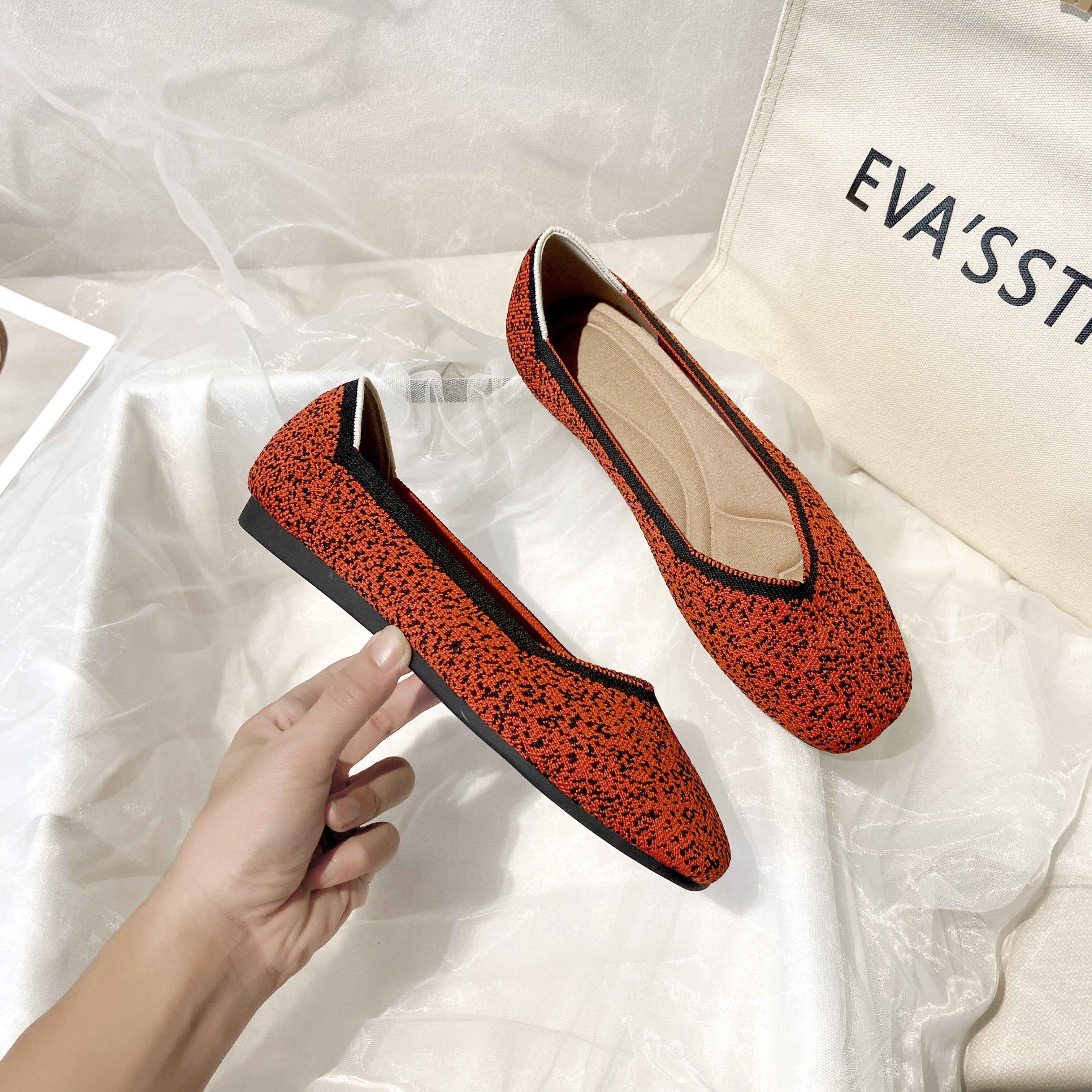 スクエアトゥ フラットシューズ 3Dニット カジュアルシューズ