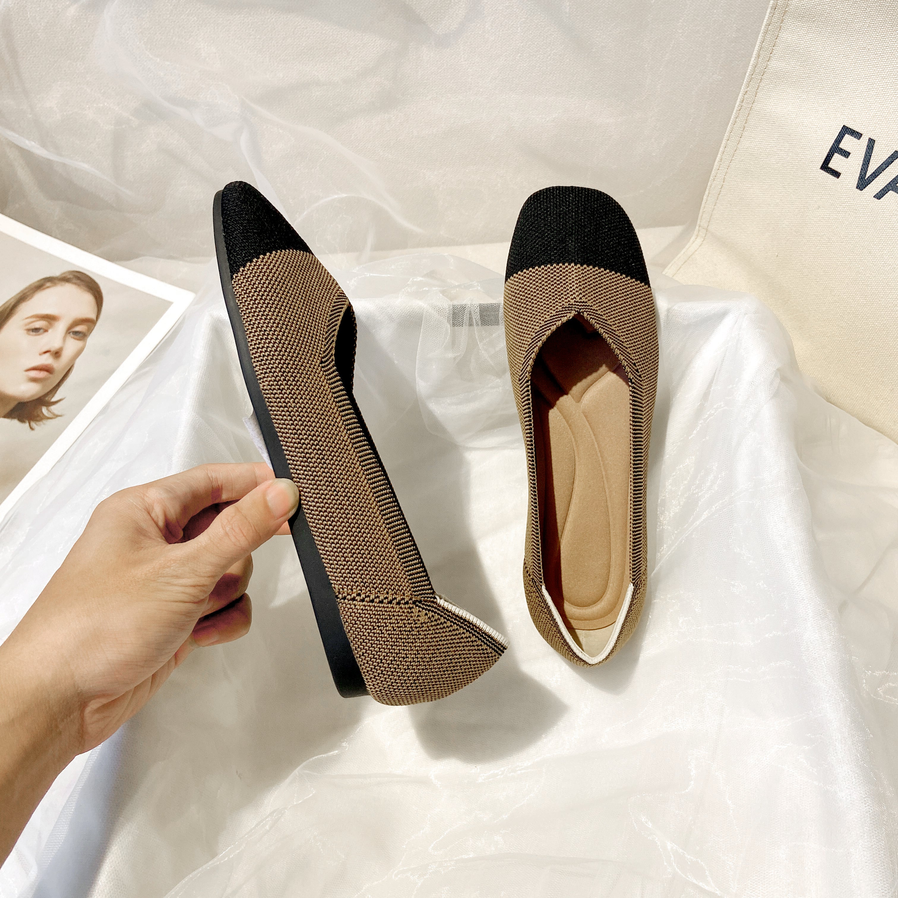 スクエアトゥ フラットシューズ 3Dニット カジュアルシューズ