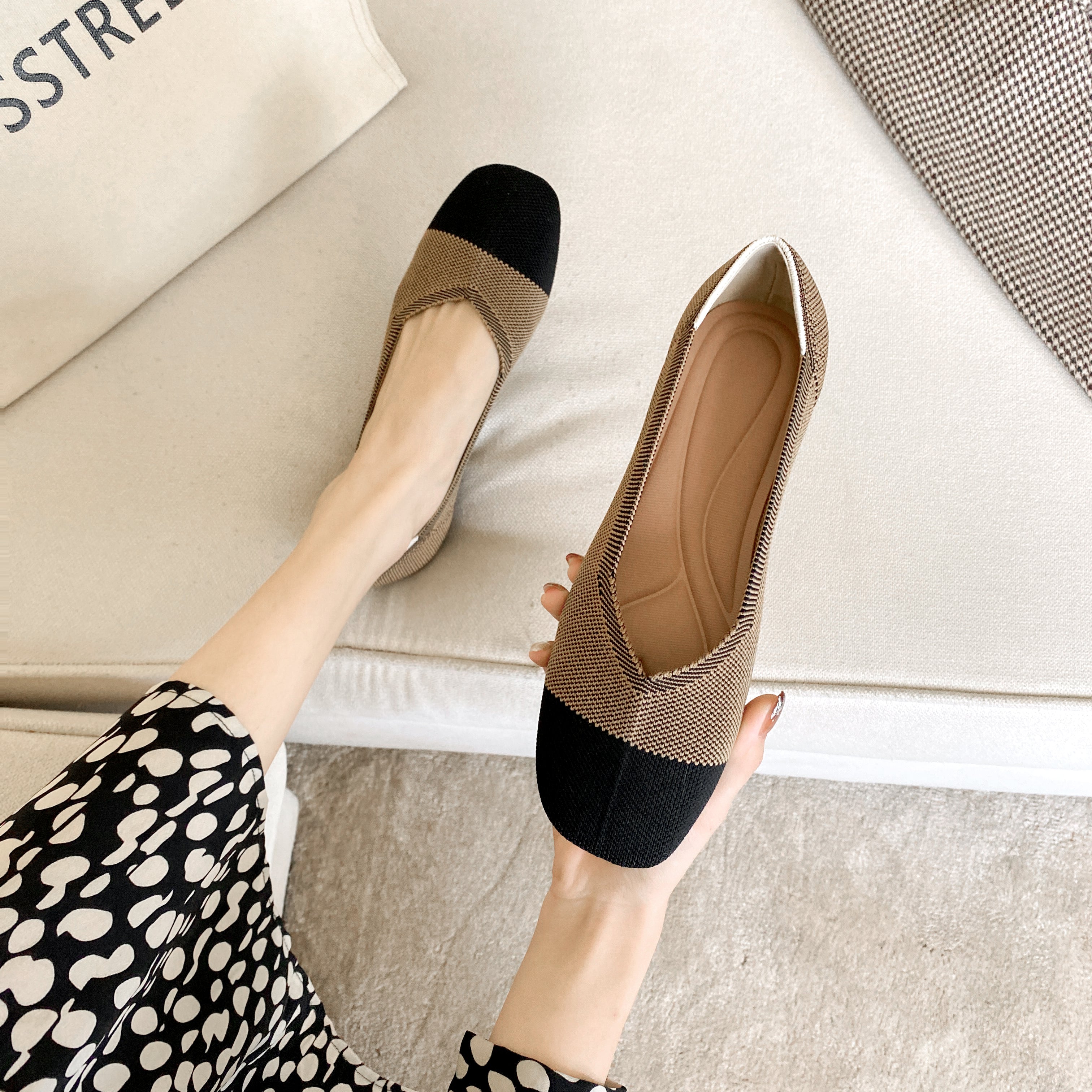 スクエアトゥ フラットシューズ 3Dニット カジュアルシューズ