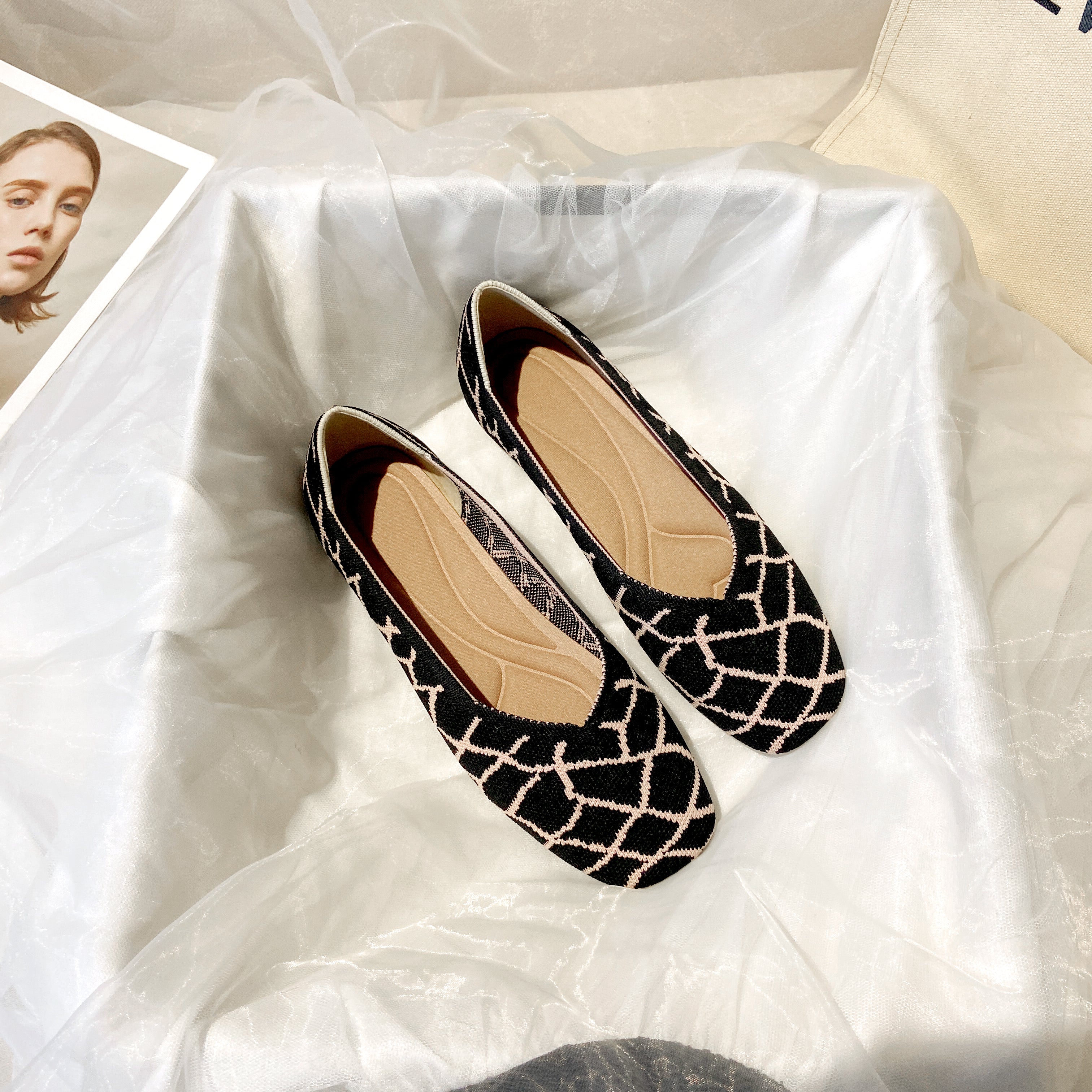 スクエアトゥ フラットシューズ 3Dニット カジュアルシューズ