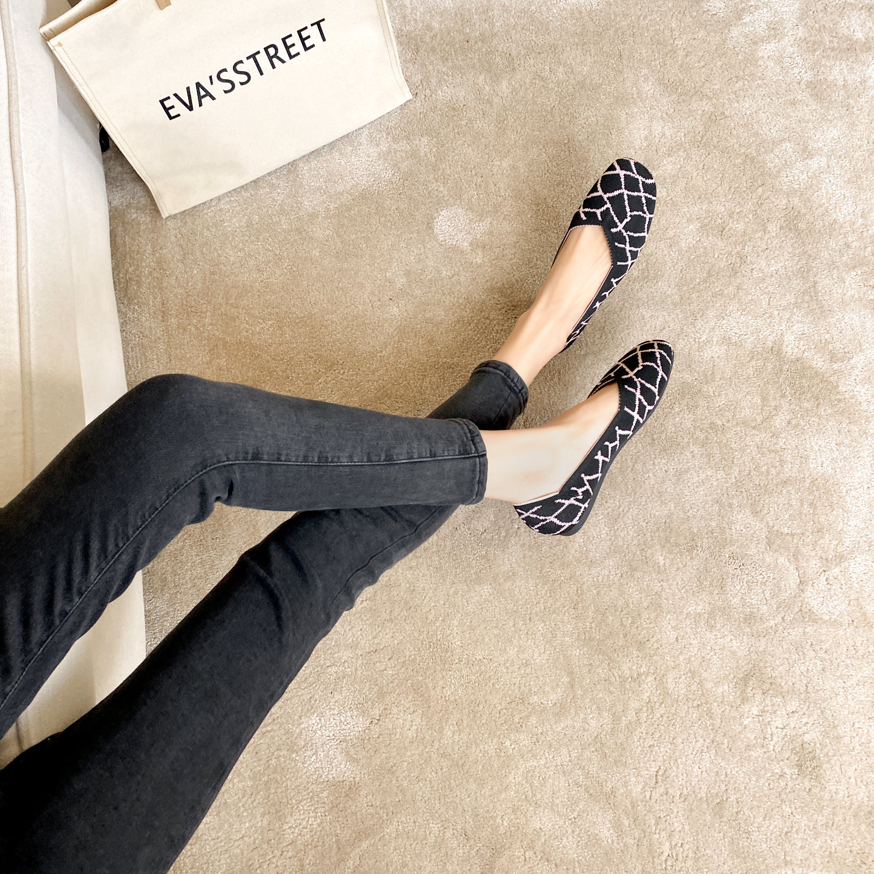 スクエアトゥ フラットシューズ 3Dニット カジュアルシューズ