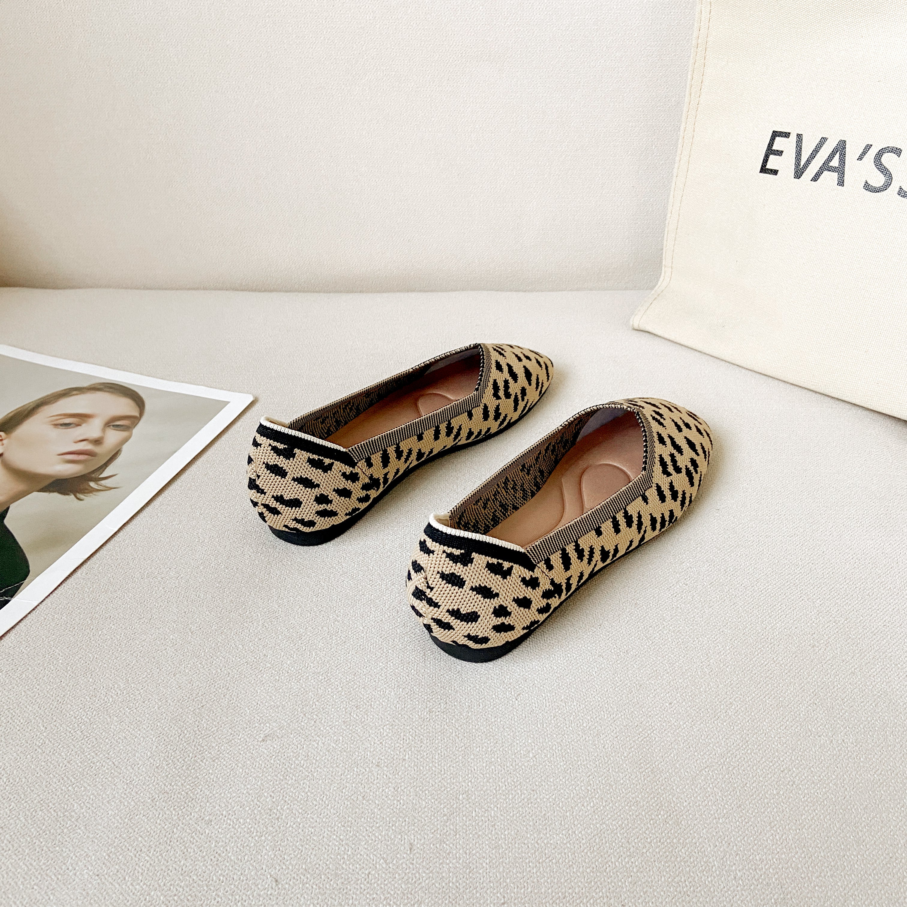 スクエアトゥ フラットシューズ 3Dニット カジュアルシューズ