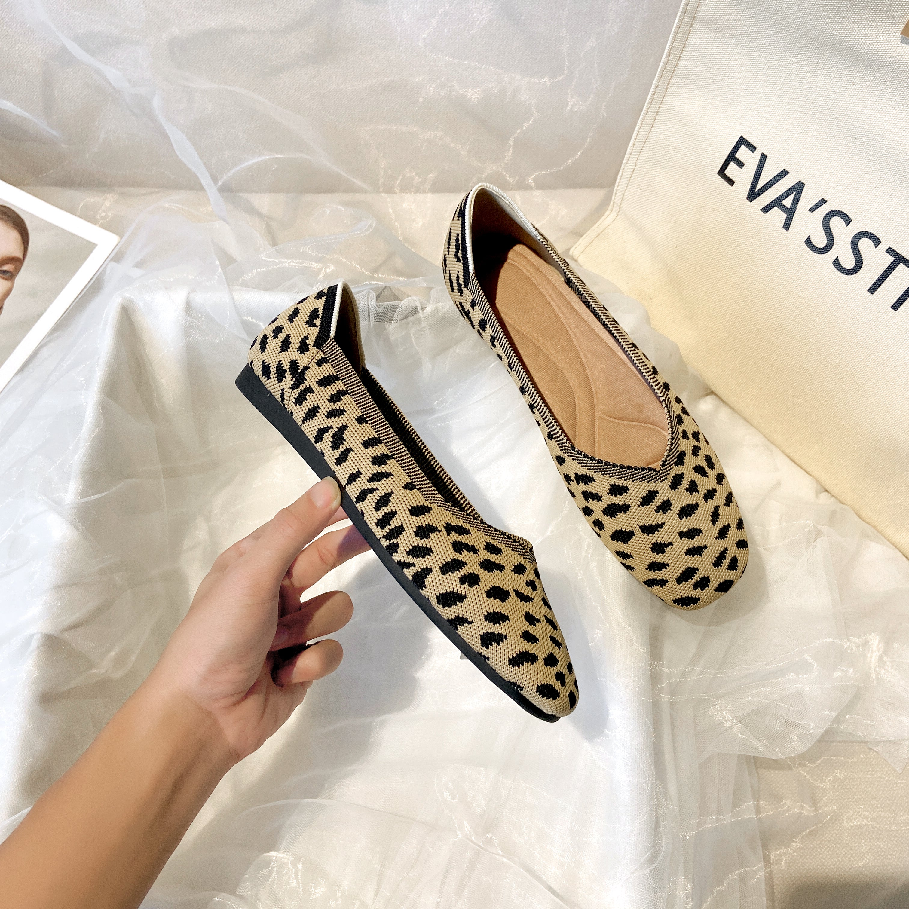 スクエアトゥ フラットシューズ 3Dニット カジュアルシューズ