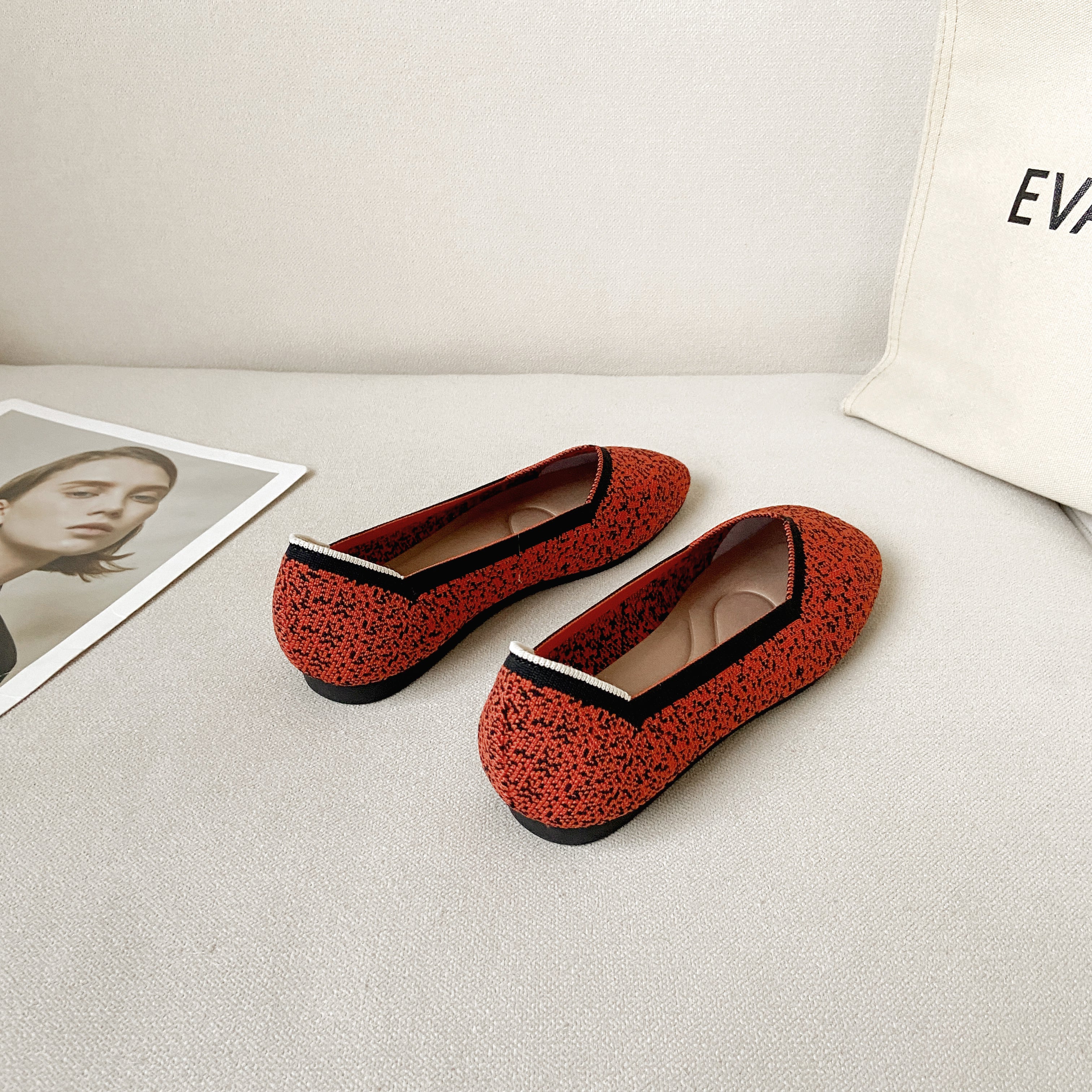 スクエアトゥ フラットシューズ 3Dニット カジュアルシューズ